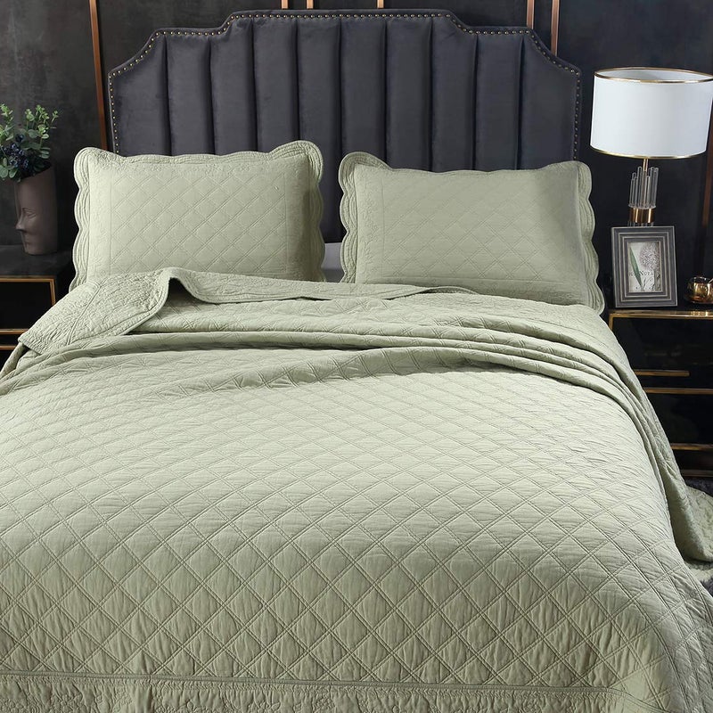 vctops 100% Cotton Floral Embroidered Quilt Set 3-Piece Oversize Queen Size Reversible Diamond Pattern Quilted Bedspread Coverlet Bed Cover (Oversize Queen,Green) - Image 3